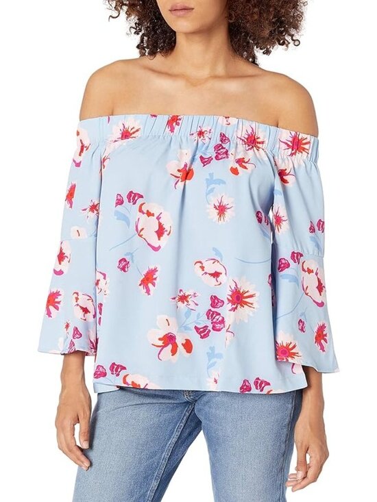 mudpie Tops - Mudpie Tropical Floral  izzy Blouse 3/4 bell sleeves size medium blue￼Women’s